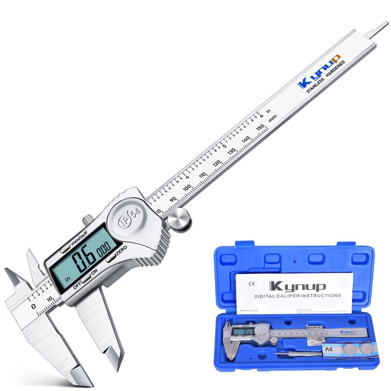 Kynup Digital Caliper, Caliper Measuring Tool Outside Micrometer, Vernier Dial Caliper, 6 Inch Caliper DIY Tool, Stainless Steel, IP54 Splash Proof, Inch Metric Fraction Switch, Large LCD Screen - Image 1